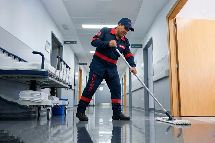 Operario de limpieza uniformado de Corporación Reymar trapeando pasillo de hospital.