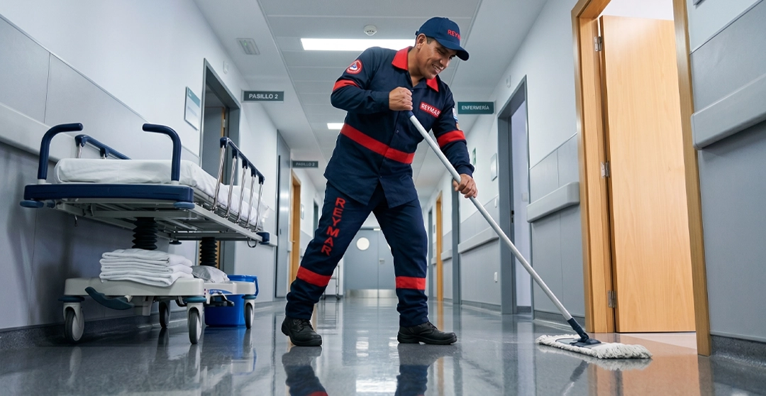 Operario de limpieza uniformado de Corporación Reymar trapeando pasillo de hospital.