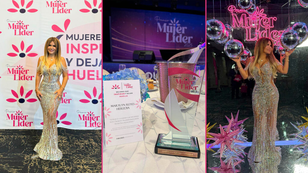 Collage de Marylyn Reyes Heredia en diferentes ambientes del Premio Mujer Lider 2025 mas su premio
